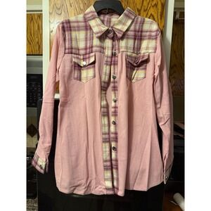 Pink Corduroy Plaid Flannel Mixed Media Button‎ Down Shacket Shirt Womens 2XL